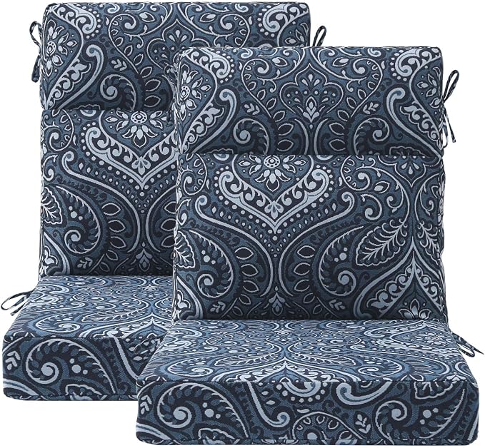 Unimatta Outdoor Separate High Back Chair Cushion Seat Pads, 2-Pack 44 x 21 Inch Water-Repellent & Fade-Resistant Patio Furniture Cushions with Ties for Adirondack, Rocking Chairs, Damask Blue Flower