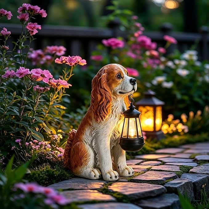 Afirst Dog Garden Statue - Outdoor Decor with Solar Lantern Valentine's Day Gift Lovely American Cocker Spaniel Figurine Patio Lawn Yard Art Ornaments Housewarming Gift