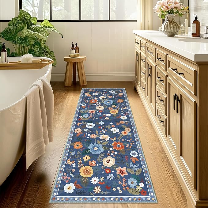 Floral Washable 2x8 Area Rugs Runner Entryway Hallway Blue/Grey | Flower Carpet, Print, Boho, Non-Slip, Easy to Clean, Low Pile, Soft, for Living Room Bedroom Kitchen Office Entrance