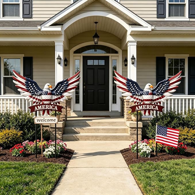 Eagle Patriotic Decor Garden Stakes Decorative Large 35.8in with America Sign, 4th of July Decorations Red White Blue Decor American Flag Memorial Day Decorations Metal Yard Art