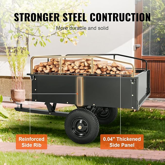 VEVOR Heavy Duty ATV Trailer Steel Dump Cart, 750 lbs 15 Cubic Feet, Garden Utility Trailer Yard Trailers with Removable Sides for Riding Lawn Mower Tractor