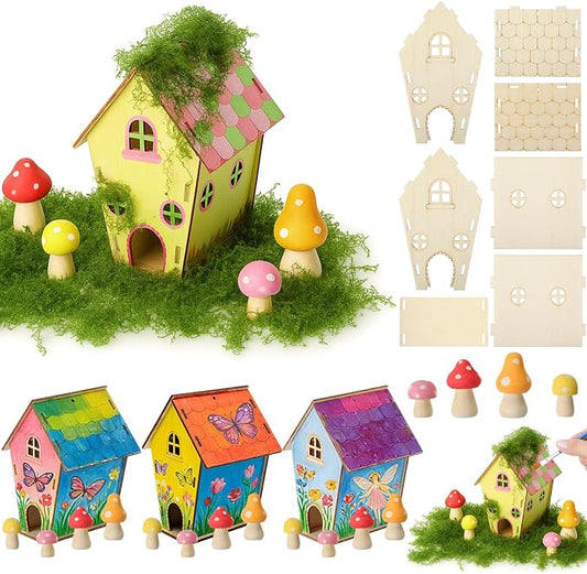 DoubleFill 3 Sets Wooden Fairy House Craft Kit for Kids - Classroom DIY Fairy Garden with Paints & Decorations - School Arts Crafts & Birthday Gift for Activity Party Decor (Classic Style)