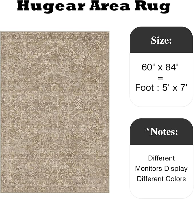 5x7 Light Brown Vintage Floral Washable Area Rug for Living Room | Low Pile, Non Slip, Retro Style, Soft Distressed Indoor Rug for Bedroom, Dining Room, Kitchen, Entrance, Home Decor