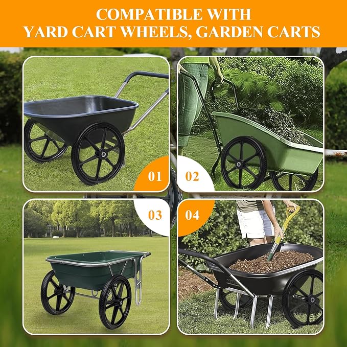 20” Flat Free Wheelbarrow Wheels and Tires, with 2.45” Centered Hub, 5/8” Extra 3/4”Bearing, Compatible with Rubbermaid Wheelbarrow wheels, Garden Carts (2 pcs) (black)