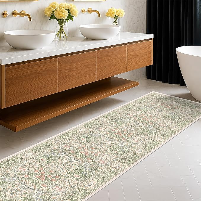 Beige Green 2x8 Rug Runners for Bathroom, Washable Long Floor Runner for Kitchen, Entryway Indoor, Non Skid Rubber Backing Stain Resistant - Vintage Floral Décor