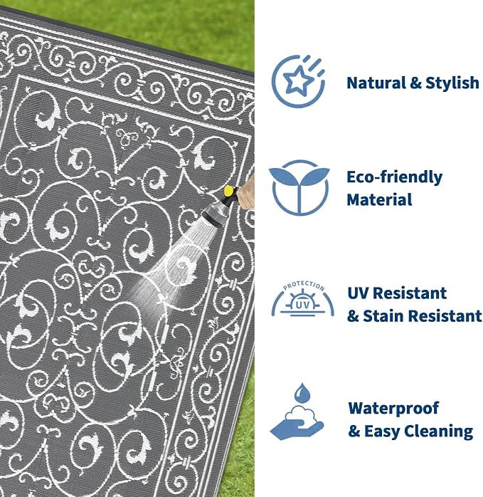 Garvee Outdoor Rug 9x18 Outdoor Patio Rug Reversible Plastic Straw Rugs Waterproof Foldable Mat Easy Clean Lightweight Carpet for Backyard Camping Porch RV Beach Balcony Deck Picnic Vintage Grey