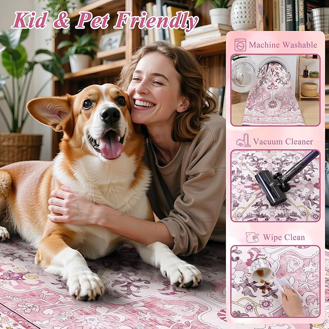 U'Artlines Boho Vintage Area Rug 8x10 Machine Washable Carpet, Pink | Low Pile, Non Slip, Ultra-Thin Soft Floor Carpet, Accent Rug for Living Room Bedroom Entryway Dining Room Office