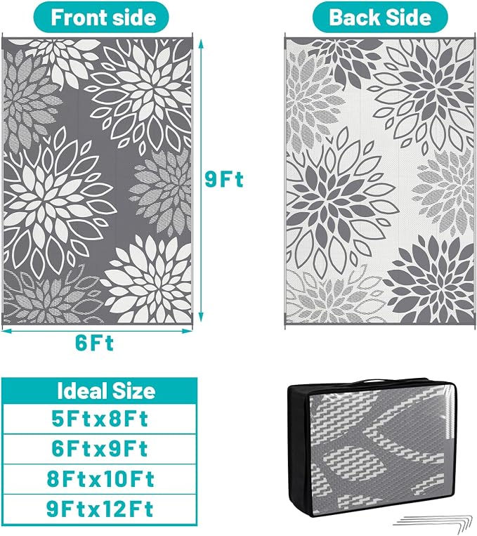 HEBE Waterproof Outdoor Rug 6x9 for Patios, Floral Reversible Plastic Straw Rug Patio Mat, Indoor Outdoor Carpet RV Mat Camping Rug for Deck, Camper, Porch, Balcony, Backyard, Picnic