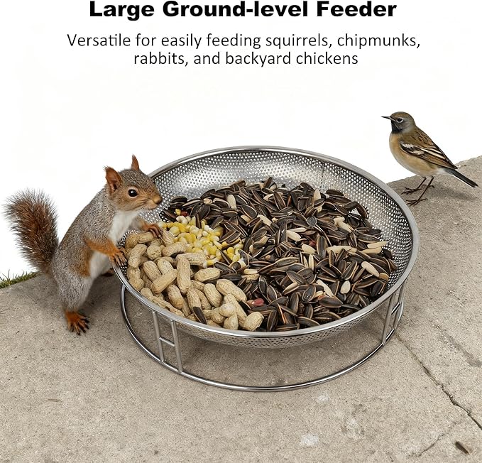 13-Inch Ground Feeding Platform for Birds, Squirrels, Ducks, Chicken, Stainless Steel Bird Feeders Combination with Additional Hanging Mesh Tray, Attracting Small Creatures for Backyard, Patio