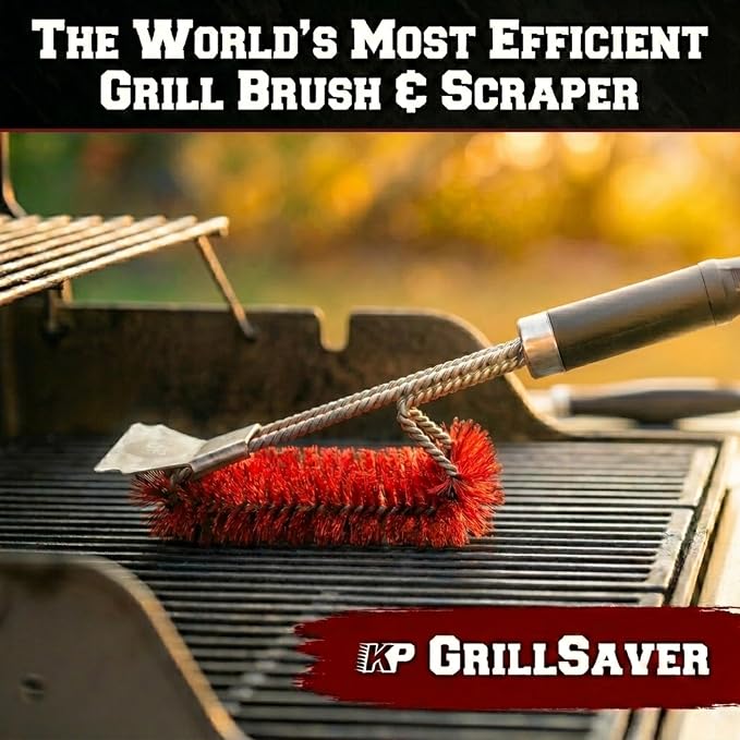 Kitchen Perfection Nylon BBQ Grill Cleaning Brush and Scraper -GrillSaver | Safe Nylon Wire Bristles for Porcelain & Ceramic Grates, Replaceable Head, Magnetic Hanger, Bottle Opener & 3 Ebooks