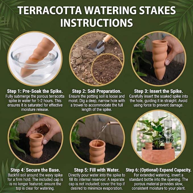 Terracotta Watering Spike Set, 6 Pcs Self Watering Planter Insert, Automatic Plant Watering Devices for Vacation Care, Garden/Office/Outdoor/Indoor Plant Decoration