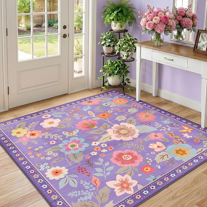 RELEANY Floral Washable Square 4ft Area Rug Purple/Pink | Flower Carpet, Print, Boho, Non-Slip, Easy to Clean, Soft, Low Pile for Living Room Bedroom Kitchen Office Entryway Hallway