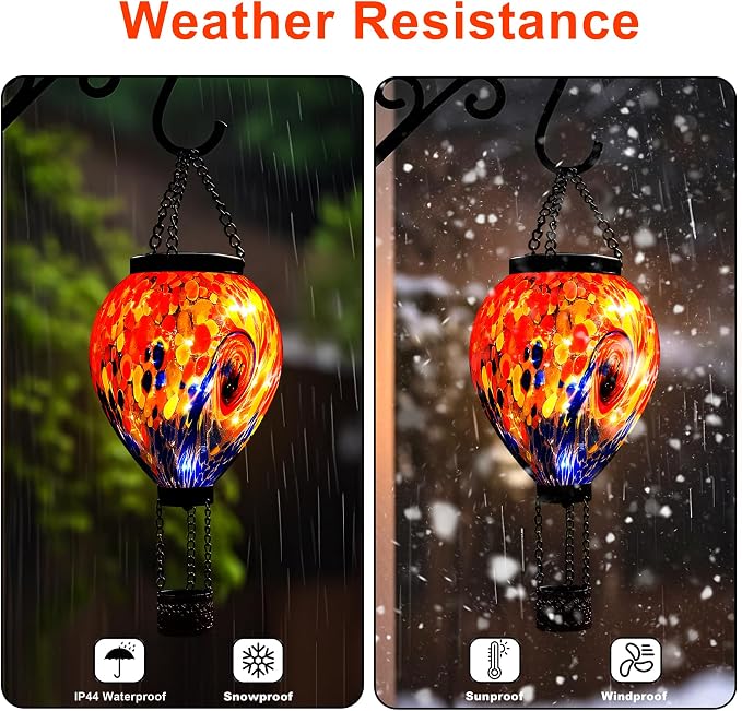 VOREEN Solar Hot Air Balloon Light – Hand Blown Colorful Glass Outdoor Hanging Lantern, Waterproof Decorative Garden Lighting, Gift for Mom Wife Friend Backyard Patio Decor
