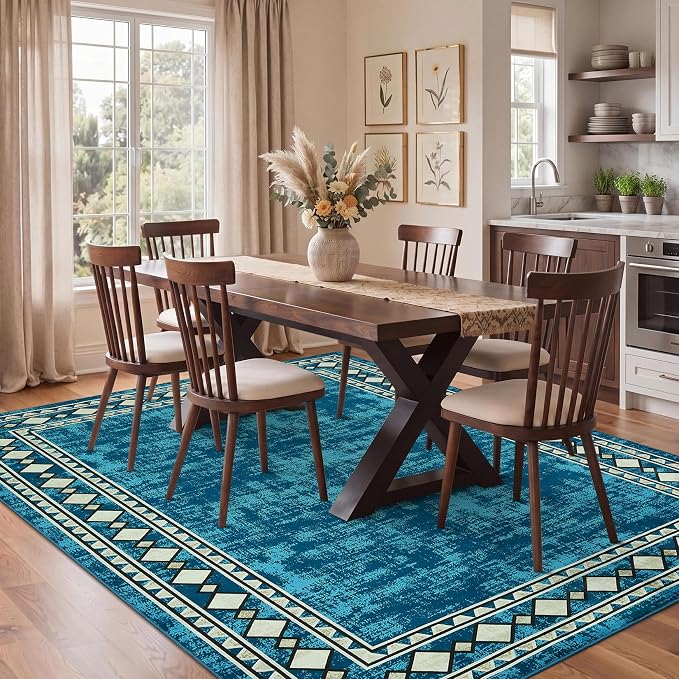 Garvee 8x10 Vintage Border Washable Rugs for Living Room Bedroom Rug, Teal | Boho Area Rug Stain Resistant Easy Cleaning Throw Rugs Low Pile Floor Cover for Nursery Dining Room Apartment