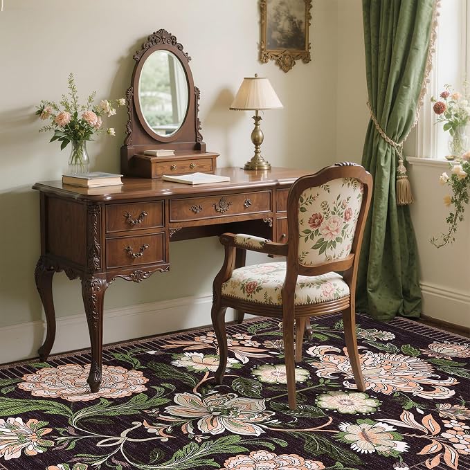 GarveeHome Plum Pink Floral Christmas Washable 5x7 Rug for Living Room, Black Purple Vintage Boho Cottage Throw Rugs Low Pile Carpet for Bedroom Dining Nursery Rug