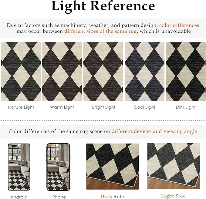 Black 10x12 Washable Area Rug Large Non Slip Checkered Carpet | Soft, Low Pile, Easy Clean, Diamond Pattern, for Living Room, Bedroom, Office, Dining Room, Kids Room, Modern Indoor Decor