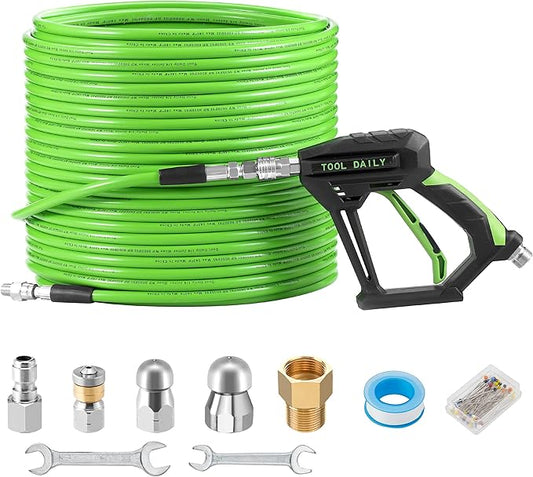 Tool Daily Sewer Jetter Kit for Pressure Washer 150 FT, Short Power Washer Gun, Drain Cleaner Hose 1/4 Inch NPT, Corner, Rotating and Button Nose Sewer Jetting Nozzle, 3600 PSI