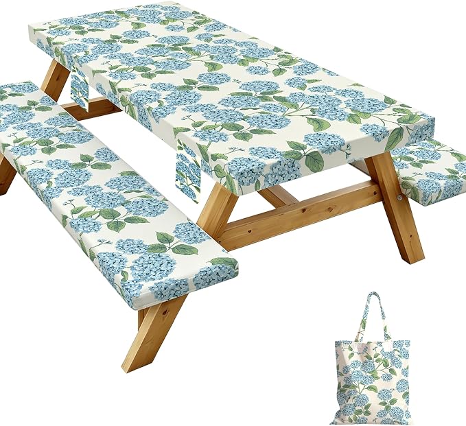 Picnic Table Cover with Bench Covers Elastic,Fitted Table Cloths for Rectangle Tables 6 Foot Washable,Waterproof Tablecloth for Outdoor Camping Essentials (Blue Hydrangea, 6 Foot)
