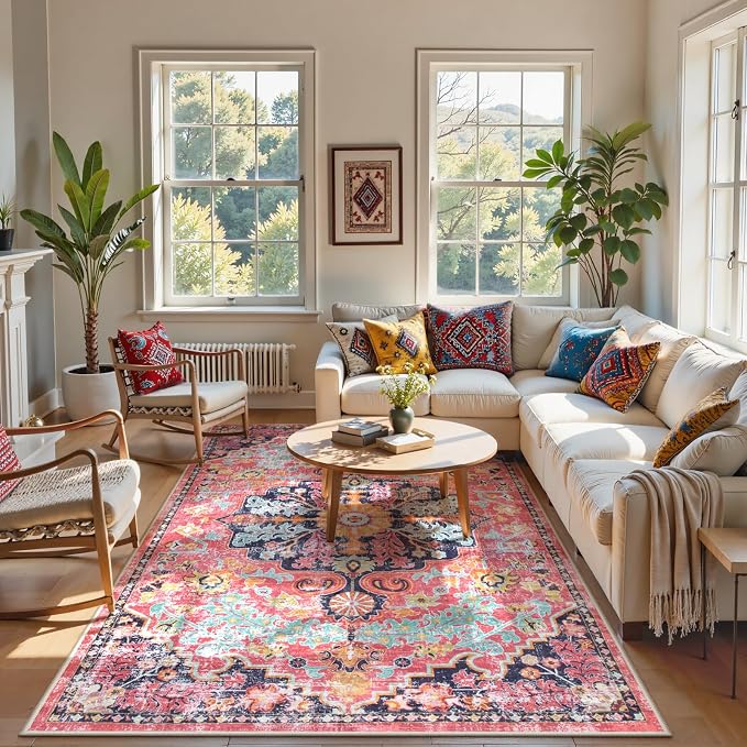 Lahome Reine 6x9 Area Rugs Machine Washable Area Rugs for Living Room, Non Slip Dining Room Rugs for Under Table, Large Bohemian Vintage Non Skid Indoor Carpet for Bedroom Home Office(6x9ft,Fuchsia)