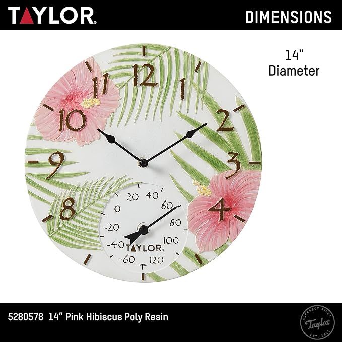 Taylor Pink Hibiscus Poly Resin Indoor and Outdoor Clock and Thermometer, Home Decor for Garden, Patio, Pool, and Indoor Areas, 14-inch, Multi-Color