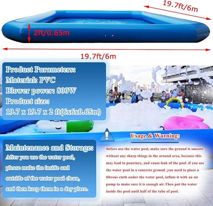 Inflatable Pool 6x6x0.65m Inflatable Swimming Pools Thickened Swimming Pool Portable Foldable Pool for Outdoor Water Play with Blower 110V 800W