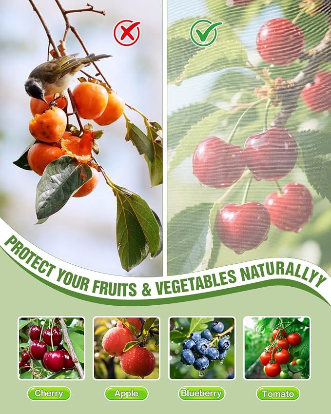 JoyHalo Fruit Tree Netting with Zipper & Drawstring, 8 × 8FT Pest Barrier Netting for Garden, 60-Mesh PE Tree Covers for Bush, Blueberry, Vegetables & Plant Protection (2 Packs)