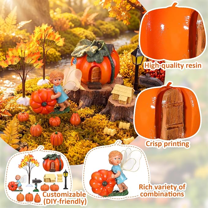 Pinkunn 16 Pcs Fall Miniature Fairy Garden Accessories Set Pumpkin Figurines House Straw Bales Welcome Sign Maple Trees for Autumn Harvest Thanksgiving Halloween Decor for Terrarium Dollhouse