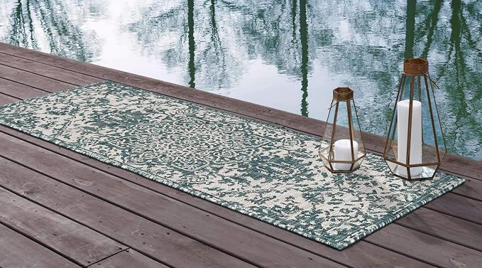 Unique Loom Outdoor Collection Area Rug - Dubai (2' x 6' 1" Runner, Teal/ Ivory)