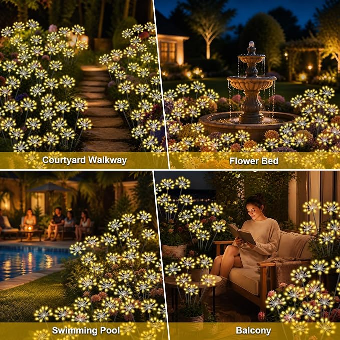 Solar Garden Lights Outdoor, Upgraded Solar Swaying Starburst Light Waterproof with 2 Modes, Solar Fairy Firework Lights for Yard Patio Pathway Flowerbed Balcony Garden Decoration (Warm White, 2 Pack)