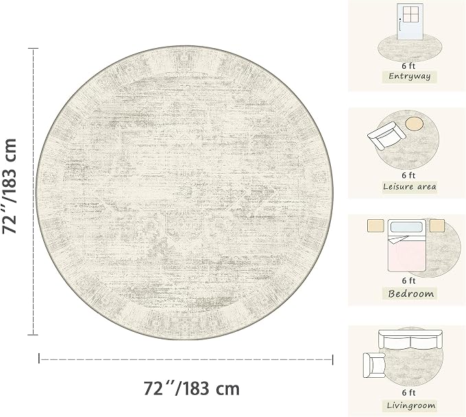 Latte&Fog 6ft Round Area Rug forBedroom Washable Circle Neutral Ivory Rug | Non Slip Low Pile Soft Floral Indoor Carpet for Living Room Kids Playroom Nursery Classroom Dorm Decor Dining Kitchen Office