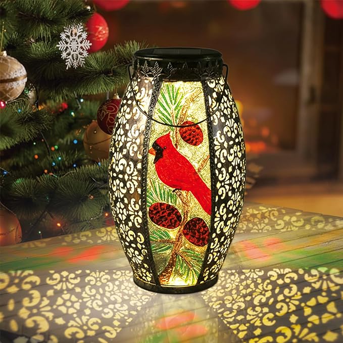 Larekook Cardinal Solar Lantern Outdoor Waterproof,13" Large Metal Hanging Christmas Decorative Lantern,Cardinals Solar Lights for Outside Yard Lawn Patio Garden Decor,Cardinal Gifts for Women Mom