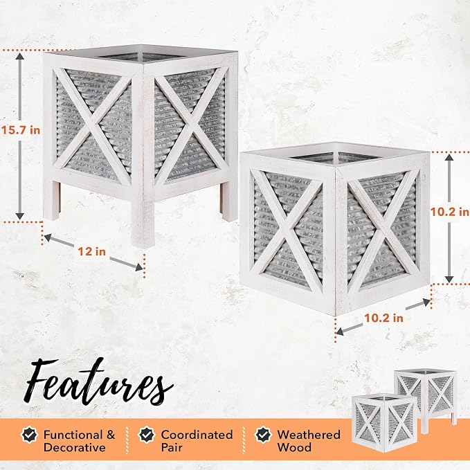 Autumn Alley Farmhouse Front Porch Planters Set of 2 Stand with Galvanized Corrugated Metal Planter for Outdoors/Indoors - Rustic Wood Square Planters Box on Legs – Charming Farmhouse Décor, White