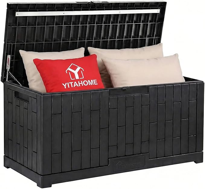 YITAHOME 120 Gallon Outdoor Storage Deck Box | Large Resin Patio Storage Box with Slide-Locking Lid, 53"L 2-Person Bench Seat for Outdoor Pillows, Garden Tools &