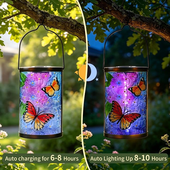 MUMTOP Hanging Solar Lantern Outdoor Waterproof LED Solar Lights Butterfly Decorative Solar Lanterns Tabletop Lamp for Outdoor Patio Garden Yard Decor