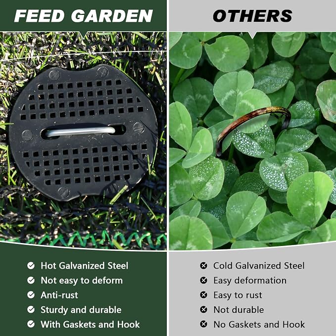 FEED GARDEN Landscape Staples 6 Inch 100 Pack Kit, Heavy Duty 11 Gauge Hot-Dip Galvanized Garden Stakes with 100 Gaskets & 1 Pick Hook for Weed Barrier, Landscape Fabric, Sod, Turf & Garden Edging