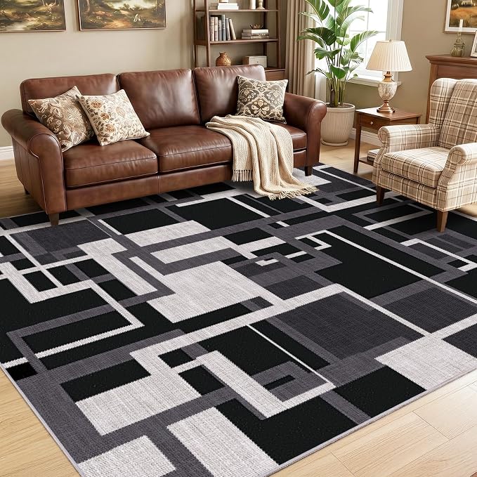 Modern Geometric 6x9 Area Rugs for Living Room, Charcoal Black Washable Rug | Abstract Patchwork Blocks Non-Slip Indoor Carpet for Bedroom Dining Room Office | Black White Grey Soft Low-Pile Large Rug