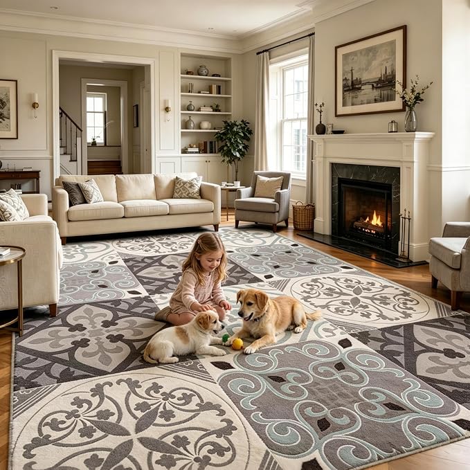 Washable Geometric Moroccan Area Rug 8x10, Non-Slip Low-Pile Stain Resistant Modern Indoor Carpet for Living Room Dining Room Bedroom Office, Grey Brown