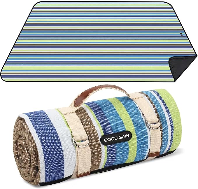 G GOOD GAIN Waterproof Picnic Blanket Portable with Carry Strap for Beach Mat or Family Outdoor Camping Party (Sky Blue)