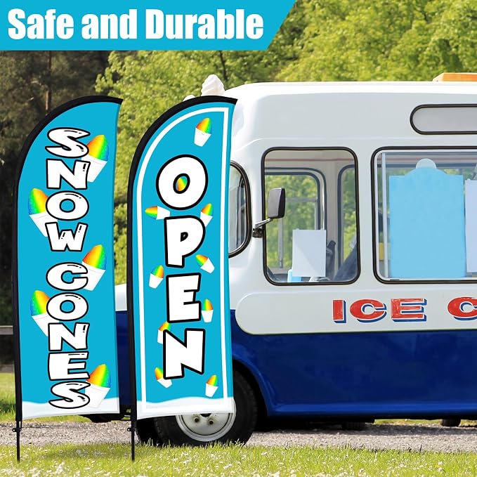 Buryeah 2 Sets Snow Cones Open Feather Flag for Business Advertising 8 ft Feather Flag Sign with Flagpole Ground Stake Portable Bag Snow Cones Banner with Rope for Outside Garden Park Party (Blue)