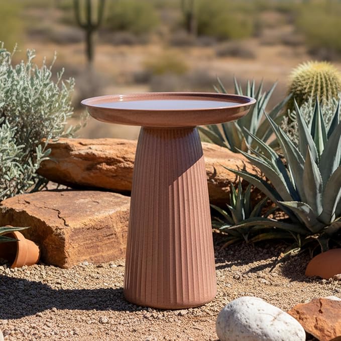 Sunnydaze Gleeful Garden 23" Iron Pedestal Bird Bath for Outside - Modern Shallow Basin Birdbath for Outdoors with UV-Protected Rust-Resistant Finish for Patio, Garden, Yard Decor - Canyon Clay Glaze