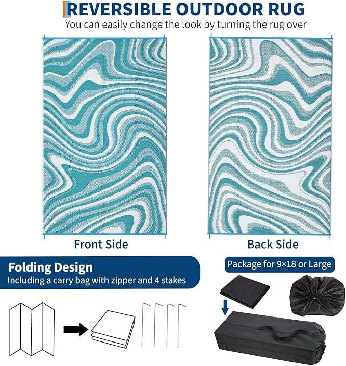 Garvee Large Modern Outdoor Rug 9x18 Patio Rugs Outdoor Waterproof Reversible Plastic Straw Camping Rug, Abstract Outside Rugs for Picnic Backyard Deck Balcony Porch Beach Trailer, Light Blue