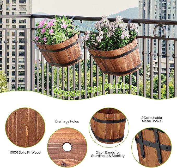 2PACK Cute Railing Planter Boxes Wood Hanging Flower Pots for Railing Fence Outdoor Balcony Planters for Wall Window Flower Box Hanging Bucket Pots Countryside plant Holder (Brown,2pcs,Small)