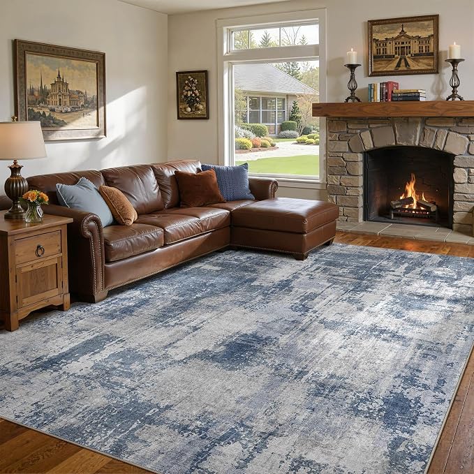 DMOYEST 10x14 Area Rug for Living Room Washable Abstract Indoor Carpet | Neutral Modern Low Pile Rugs Kid & Pet Friendly Large Soft Thin Carpet for Bedroom Dining Room and Office - Dark Blue