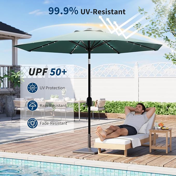 Patio Umbrella with Solar Lights, Outdoor Table Umbrella with 8 Durable Ribs, Tilt & Crank Mechanism, Water & UV Protection Sun Shade Umbrella for Garden, Poolside, Backyard (Turquoise, 10 FT)