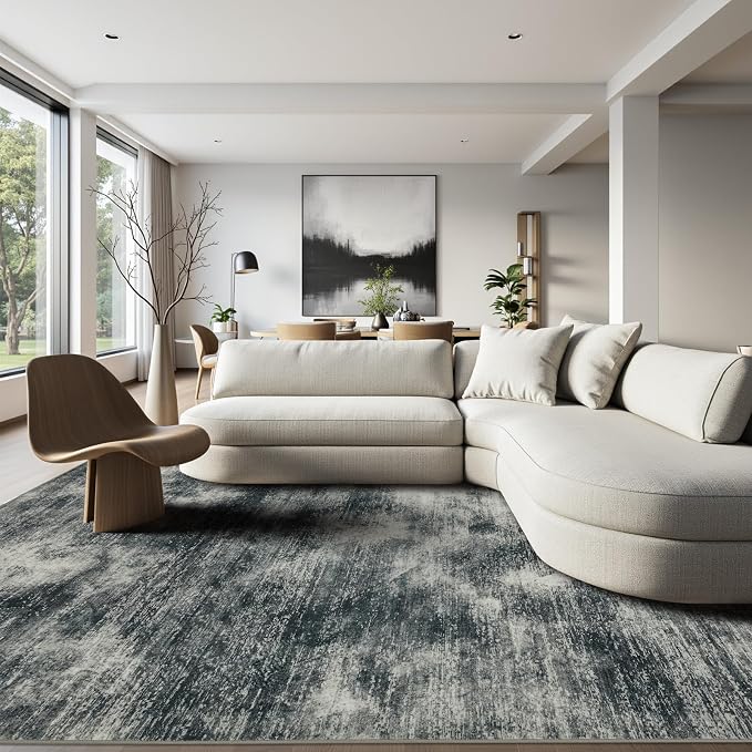 Joydeco 6x9 Area Rugs for Living Room, Non-Slip Modern Abstract Soft Washable Rug, Low Pile Carpet for Bedroom, Dining Room, Home Office, Pet & Child Friendly, Light Gray & White & Dark Gray