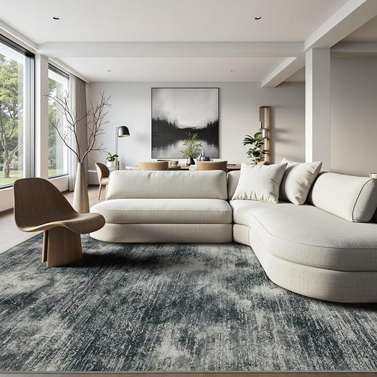 Joydeco 6x9 Area Rugs for Living Room, Non-Slip Modern Abstract Soft Washable Rug, Low Pile Carpet for Bedroom, Dining Room, Home Office, Pet & Child Friendly, Light Gray & White & Dark Gray