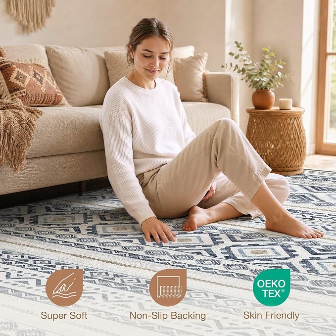 cotiled Boho 7x10 Area Rug for Living Room: Large Moroccan Washable Rug | Solve Modern Neutral Trendy Home Decor - Stain Resistan Indoor Carpet for Bedroom Farmhouse Dining Room Blue
