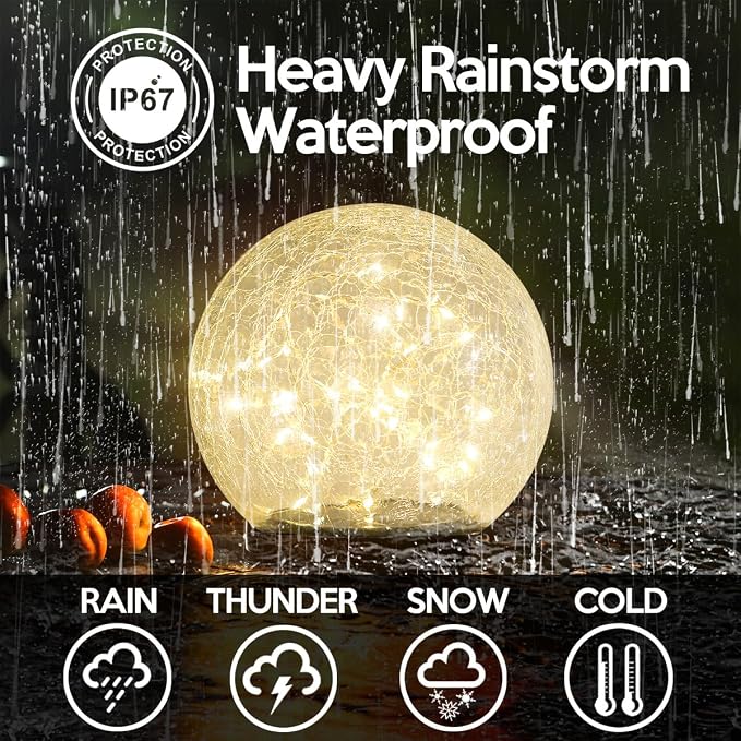 Outdoor Waterproof IP65 Solar Globe Lights, Led Solar Light Balls for Lawn Garden Patio Table Art Decoration, Yard Landscape Illuminated Cracked Glass Sphere Gazing Ball Lights, Round Ornaments Orbs