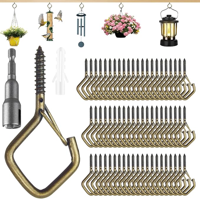 62 PCS Metal Bronze Eye Screw Hooks for Hanging Heavy Duty.Windproof Ceiling Hooks for Hanging Plants,Cup,Wind Chime,Bird Feeders,Christmas String Lights at Indoor&Outdoor 2.2 Inch