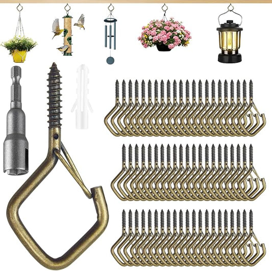 62 PCS Metal Bronze Eye Screw Hooks for Hanging Heavy Duty.Windproof Ceiling Hooks for Hanging Plants,Cup,Wind Chime,Bird Feeders,Christmas String Lights at Indoor&Outdoor 2.2 Inch